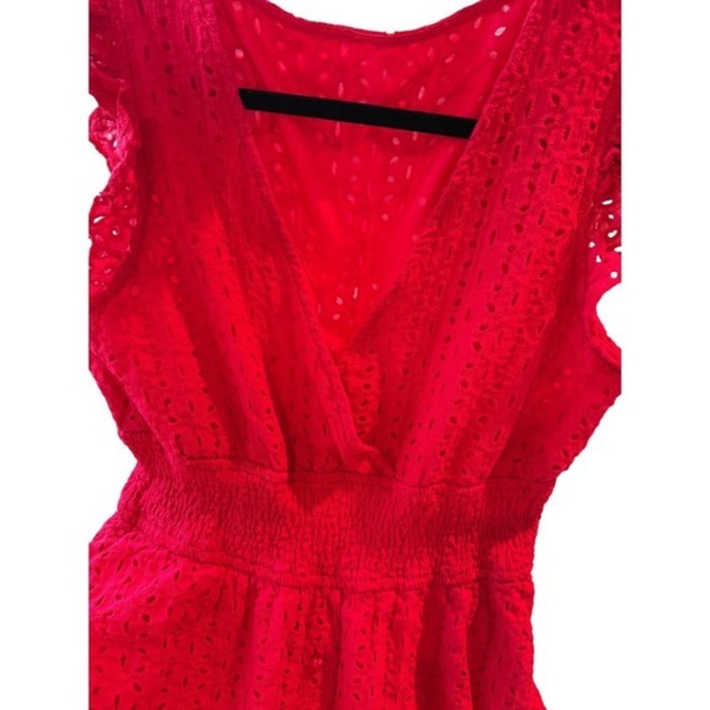 Red Eyelet V Neck Smocked Waist Mini‎ Dress Size L fairycore - Picture 5 of 9